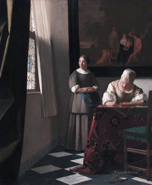 バロック Painting - メイドと手紙を書く女性 バロック様式 ヨハネス・フェルメール